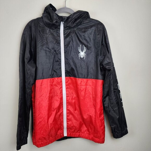 SPYDER Windbreaker Jacket Men M Red Black ColorBlock Outdoors Full zip Hooded - Picture 1 of 13